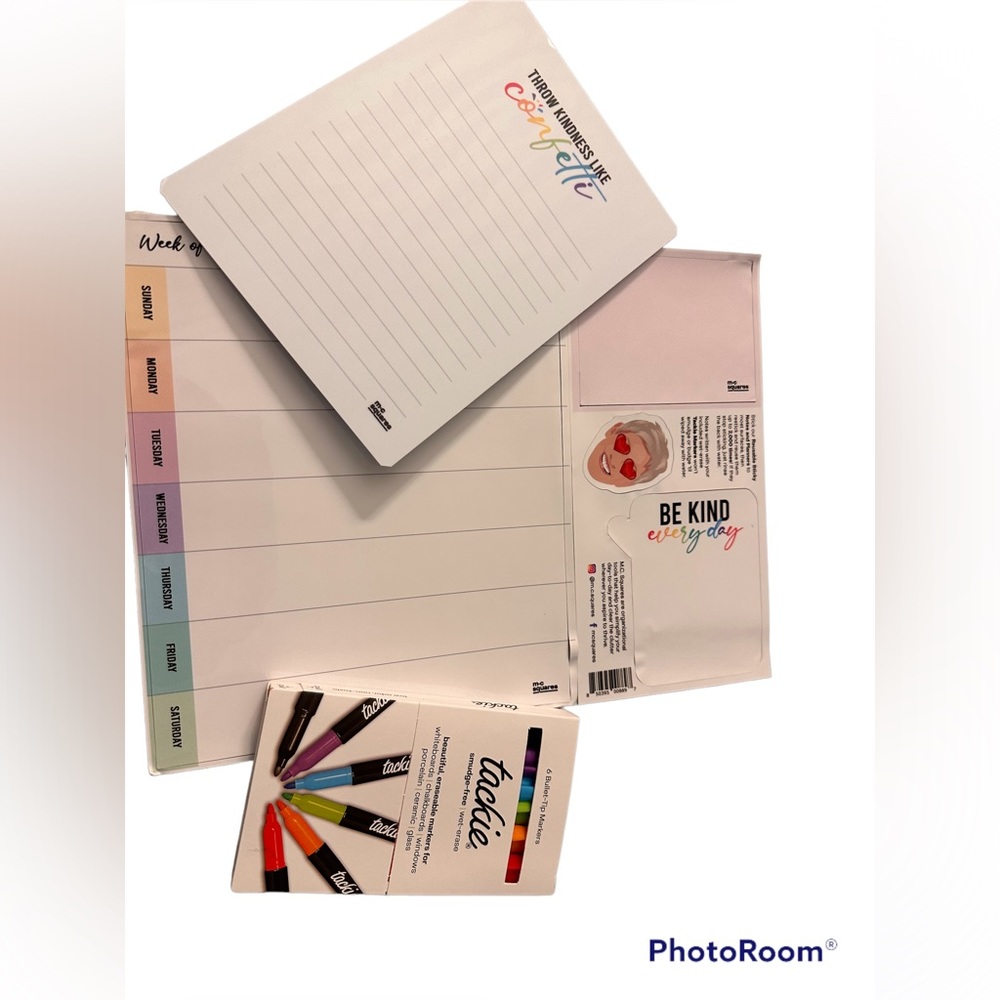 M.C. Squares Reusable weekly planner, sticky notes, mini notepad and markers